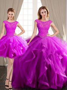 Admirable Three Piece Scoop Fuchsia Tulle Lace Up Ball Gown Prom Dress Cap Sleeves With Brush Train Beading and Appliques and Ruffles