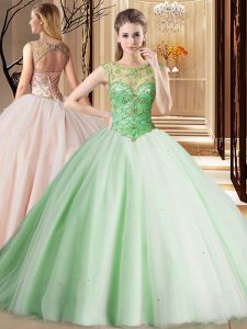 Beauteous Scoop Tulle Sleeveless 15 Quinceanera Dress Brush Train and Beading