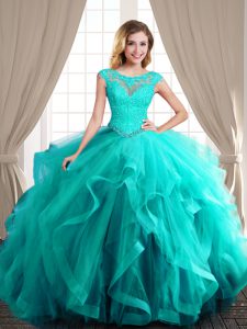 Scoop Turquoise Cap Sleeves With Train Beading and Appliques and Ruffles Lace Up Sweet 16 Dress