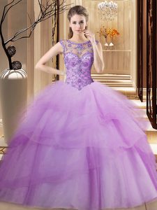 Trendy Scoop Ruffled Lilac Sleeveless Tulle Brush Train Lace Up Sweet 16 Quinceanera Dress for Military Ball and Sweet 16 and Quinceanera