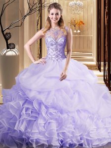 Hot Selling Scoop Sleeveless Beading and Ruffles and Pick Ups Lace Up Quinceanera Dresses with Lavender Brush Train