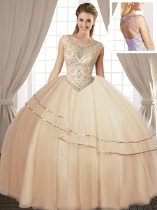 Nice Champagne Ball Gowns Scoop Sleeveless Tulle Floor Length Lace Up Beading 15th Birthday Dress