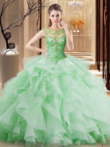 Popular Apple Green Scoop Lace Up Beading and Ruffles Quince Ball Gowns Brush Train Sleeveless
