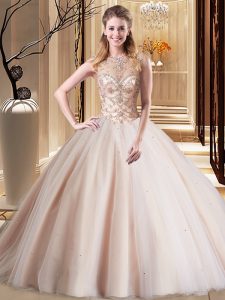 Peach Ball Gown Prom Dress Scoop Sleeveless Brush Train Lace Up