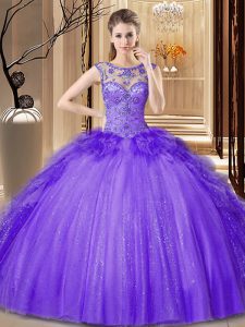 Pretty Purple Tulle Lace Up Scoop Sleeveless Floor Length Quinceanera Gown Sequins