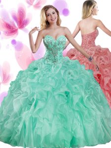 Great Apple Green Organza Lace Up Sweet 16 Quinceanera Dress Sleeveless Floor Length Beading and Ruffles