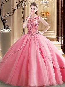 Hot Selling Scoop Sleeveless Tulle Quinceanera Gown Beading Brush Train Lace Up