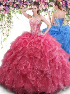 Low Price Coral Red Organza Lace Up Quinceanera Gown Sleeveless Floor Length Beading and Ruffles