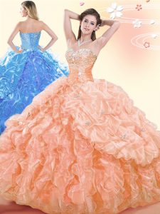 Top Selling Pick Ups Orange Sleeveless Organza Lace Up Quinceanera Gowns for Military Ball and Sweet 16 and Quinceanera