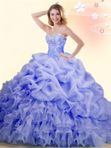 Most Popular Lavender Quinceanera Dresses Military Ball and Sweet 16 and Quinceanera with Beading and Ruffles and Pick Ups Sweetheart Sleeveless Brush Train Lace Up