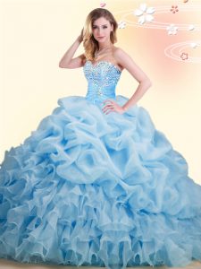 Baby Blue Vestidos de Quinceanera Military Ball and Sweet 16 and Quinceanera with Beading and Ruffles and Pick Ups Sweetheart Sleeveless Brush Train Lace Up