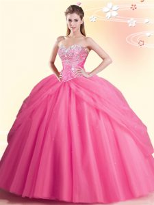 Watermelon Red Ball Gowns Tulle Sweetheart Sleeveless Beading Floor Length Lace Up Quinceanera Gown