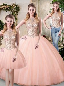 New Arrival Scoop Sleeveless Quinceanera Gowns Floor Length Beading Peach Tulle