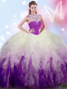 White And Purple Ball Gowns High-neck Sleeveless Tulle Floor Length Zipper Beading and Ruffles 15th Birthday Dress
