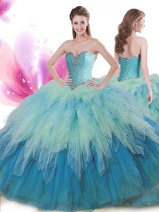 Multi-color Lace Up Quinceanera Gown Beading and Ruffles Sleeveless Floor Length