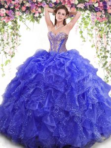 Sweetheart Sleeveless Quinceanera Dress Floor Length Beading and Ruffles Blue Organza