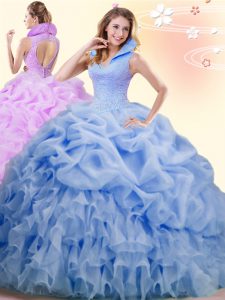 Nice Organza High-neck Sleeveless Brush Train Backless Beading and Ruffles and Pick Ups Quinceanera Gowns in Blue