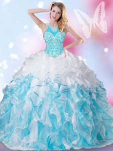 Halter Top Floor Length Lace Up Ball Gown Prom Dress Blue And White for Military Ball and Sweet 16 and Quinceanera with Beading and Ruffles and Pick Ups