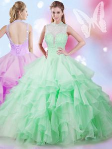 Apple Green Ball Gowns Tulle High-neck Sleeveless Beading and Ruffles Floor Length Lace Up Quinceanera Gown
