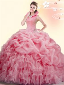 Unique Pick Ups Watermelon Red Sleeveless Organza Brush Train Backless 15th Birthday Dress for Military Ball and Sweet 16 and Quinceanera