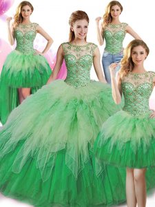 Adorable Four Piece Scoop Green Ball Gowns Beading and Ruffles Quince Ball Gowns Lace Up Tulle Sleeveless Floor Length