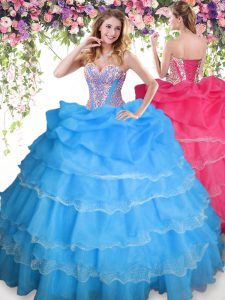 Low Price Baby Blue Quince Ball Gowns Military Ball and Sweet 16 and Quinceanera with Beading and Ruffled Layers and Pick Ups Sweetheart Sleeveless Lace Up