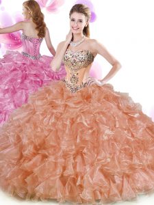 Rust Red and Peach Lace Up 15th Birthday Dress Beading and Ruffles Sleeveless Floor Length