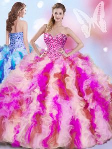 Multi-color Sleeveless Beading and Ruffles Lace Up Vestidos de Quinceanera