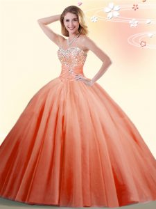 Elegant Ball Gowns Sweet 16 Quinceanera Dress Orange Red Sweetheart Tulle Sleeveless Floor Length Lace Up