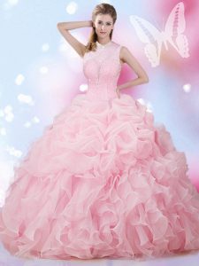 Organza High-neck Sleeveless Lace Up Beading and Ruffles and Pick Ups Sweet 16 Dress in Baby Pink