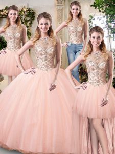Dramatic Scoop Sleeveless Lace Up Floor Length Beading Ball Gown Prom Dress