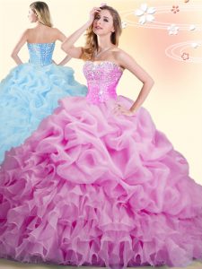 Lilac Ball Gowns Organza Sweetheart Sleeveless Beading and Ruffles and Pick Ups With Train Lace Up Sweet 16 Quinceanera Dress Brush Train