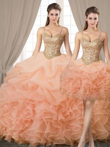 Sophisticated Three Piece Sleeveless Beading and Ruffles and Pick Ups Lace Up Quince Ball Gowns