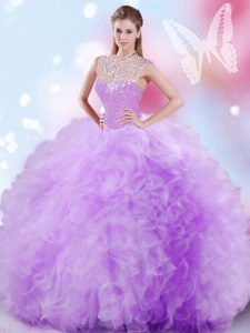 Cute Lavender Ball Gowns Beading and Ruffles and Sequins 15th Birthday Dress Zipper Tulle Sleeveless Floor Length
