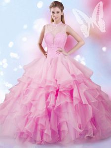 Custom Fit Ball Gowns 15 Quinceanera Dress Rose Pink High-neck Tulle Sleeveless Floor Length Lace Up