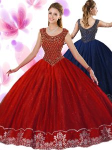 Scoop Tulle Sleeveless Floor Length Quinceanera Dress and Beading and Appliques