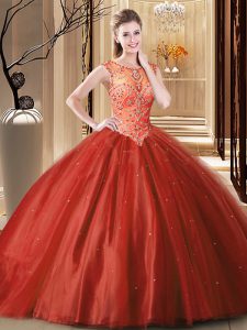Tulle Scoop Sleeveless Brush Train Lace Up Beading Quinceanera Gown in Wine Red