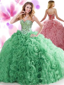 Flare Beading and Ruffles Sweet 16 Quinceanera Dress Turquoise Lace Up Sleeveless Sweep Train