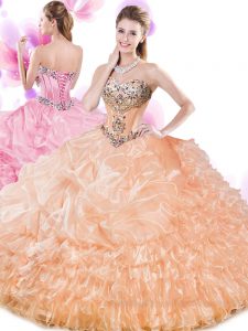 Fine Orange Sleeveless Floor Length Beading and Ruffled Layers and Pick Ups Lace Up Quinceanera Dresses