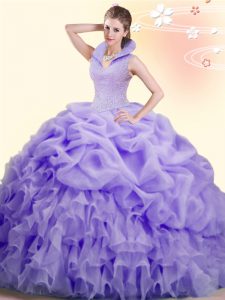 Popular Backless High-neck Sleeveless Quinceanera Dresses Brush Train Beading and Ruffles and Pick Ups Lavender Organza