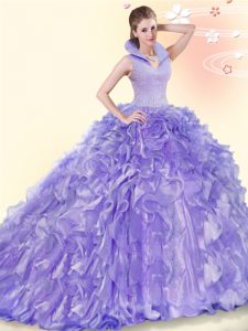 Sleeveless Brush Train Backless Beading and Ruffles Quinceanera Gowns