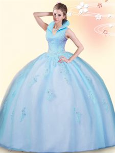 Stunning Sleeveless Tulle Floor Length Backless Sweet 16 Dresses in Baby Blue with Beading and Appliques
