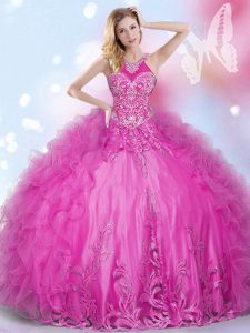 Elegant Halter Top Hot Pink Sleeveless Beading and Appliques and Ruffles Floor Length Quinceanera Gown