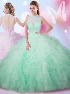 Admirable Sleeveless Tulle Floor Length Lace Up 15 Quinceanera Dress in Apple Green with Beading and Ruffles