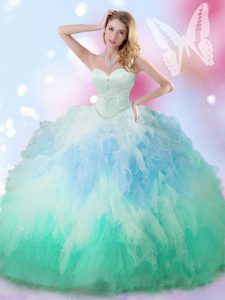 Customized Sweetheart Sleeveless Quince Ball Gowns Floor Length Beading and Ruffles Multi-color Tulle