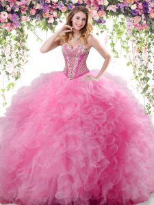 Pretty Beading and Ruffles 15th Birthday Dress Rose Pink Lace Up Sleeveless Floor Length
