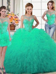 Three Piece Ball Gowns Sweet 16 Quinceanera Dress Turquoise Scoop Tulle Sleeveless Floor Length Lace Up
