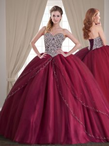 Dynamic Burgundy Tulle Lace Up Quinceanera Dresses Sleeveless With Brush Train Beading