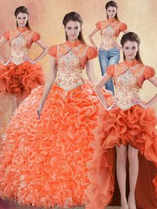 Chic Four Piece Straps Sleeveless Organza Quince Ball Gowns Beading and Ruffles Brush Train Lace Up