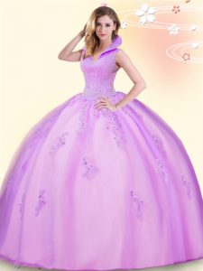 Lilac Sleeveless Floor Length Beading and Appliques Backless Quince Ball Gowns
